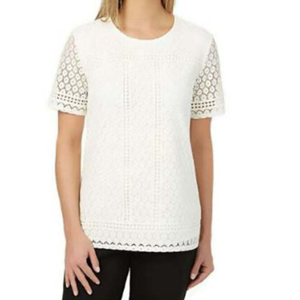 Badgley Mischka Shirt Women Extra Large White Short Sleeve Open Knit Lace Mature